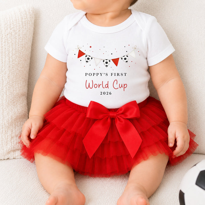 Personalised Red Football Banner My First World Cup Vest &amp; Red Tutu Set
