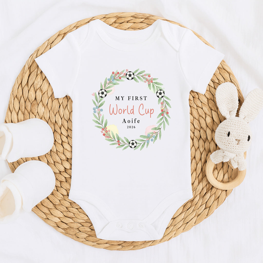 Personalised Wreath My First World Cup Baby Grow or Vest