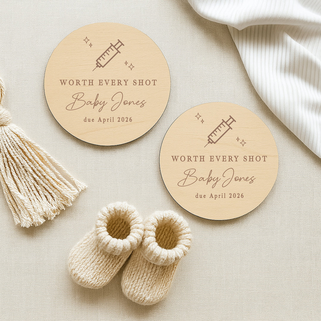 Personalised Worth Every Shot IVF Wooden Baby Announcement Plaque
