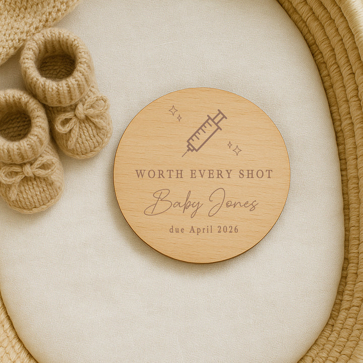 Personalised Worth Every Shot IVF Wooden Baby Announcement Plaque