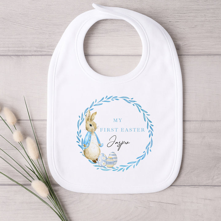 Personalised Blue Rabbit Wreath My First Easter Baby Grow, Vest or Bib