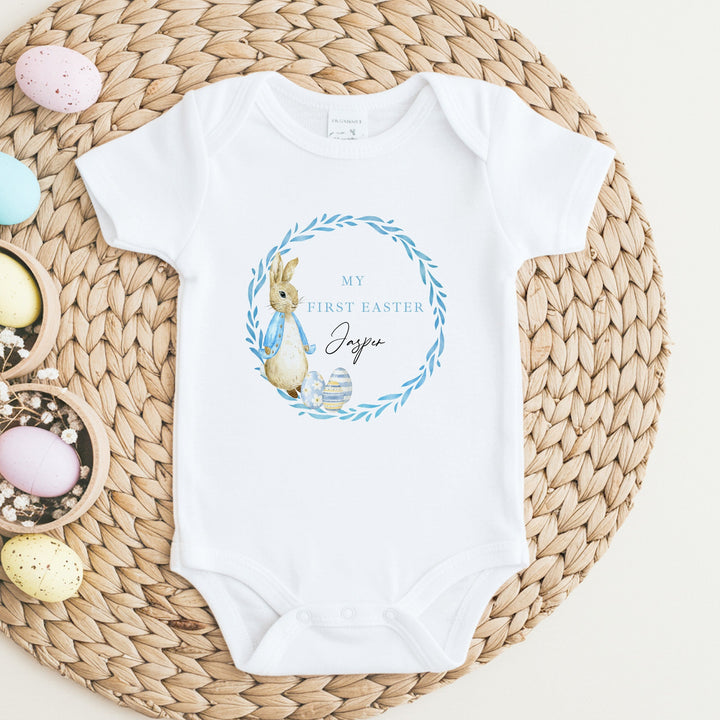 Personalised Blue Rabbit Wreath My First Easter Baby Grow, Vest or Bib