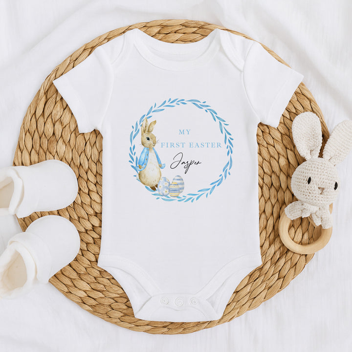 Personalised Blue Rabbit Wreath My First Easter Baby Grow, Vest or Bib