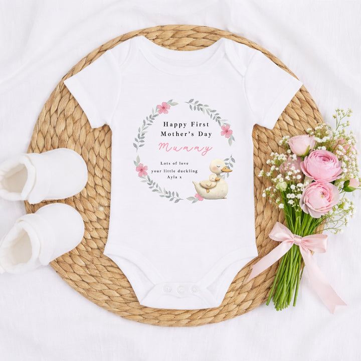Personalised Duckling Wreath Happy First Mother's Day Baby Grow, Vest or Bib