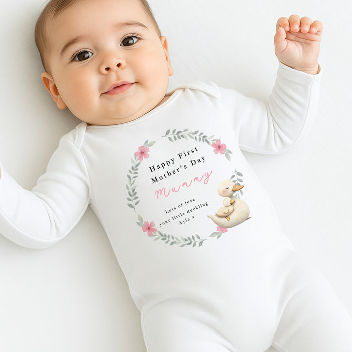 Personalised Duckling Wreath Happy First Mother's Day Baby Grow, Vest or Bib