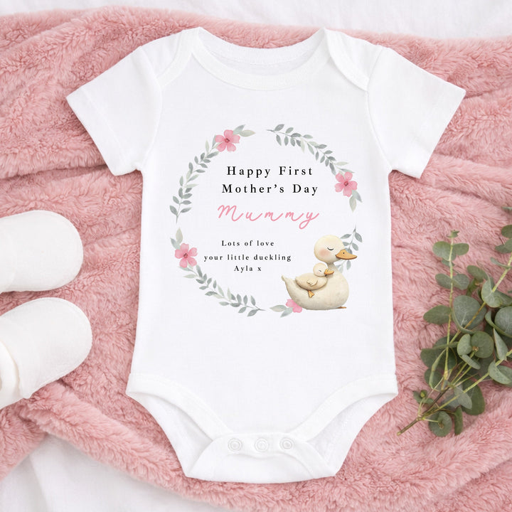 Personalised Duckling Wreath Happy First Mother's Day Baby Grow, Vest or Bib