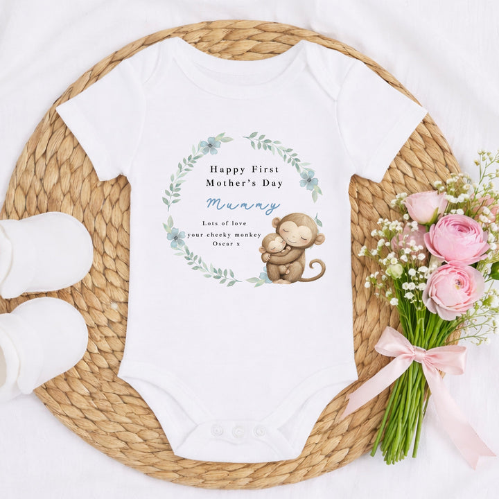 Personalised Monkey Wreath Happy First Mother's Day Baby Grow, Vest or Bib
