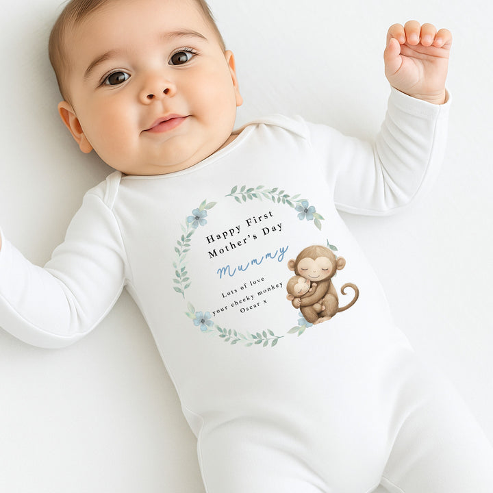 Personalised Monkey Wreath Happy First Mother's Day Baby Grow, Vest or Bib