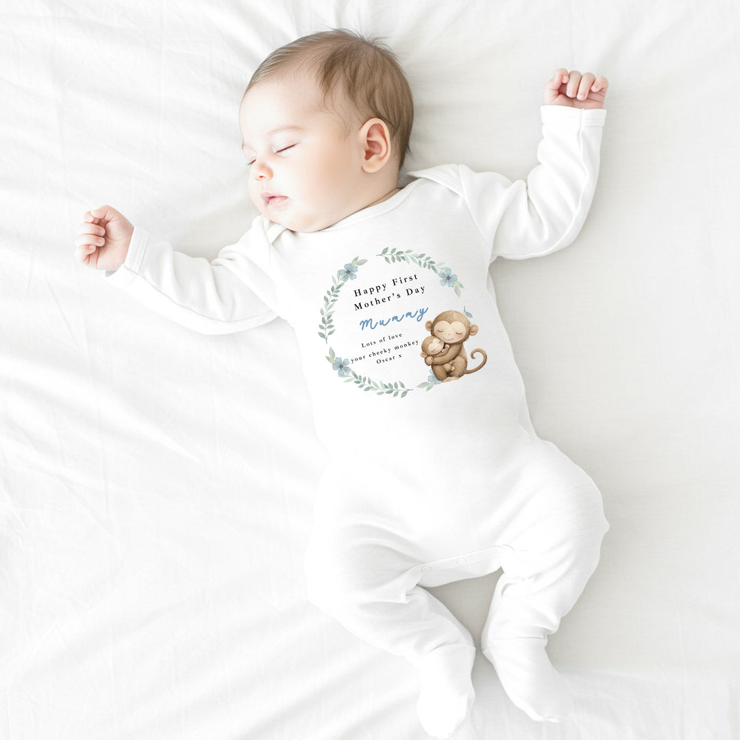 Personalised Monkey Wreath Happy First Mother's Day Baby Grow, Vest or Bib