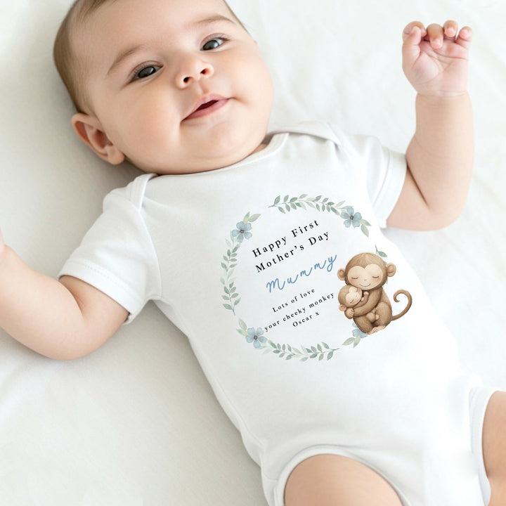 Personalised Monkey Wreath Happy First Mother's Day Baby Grow, Vest or Bib