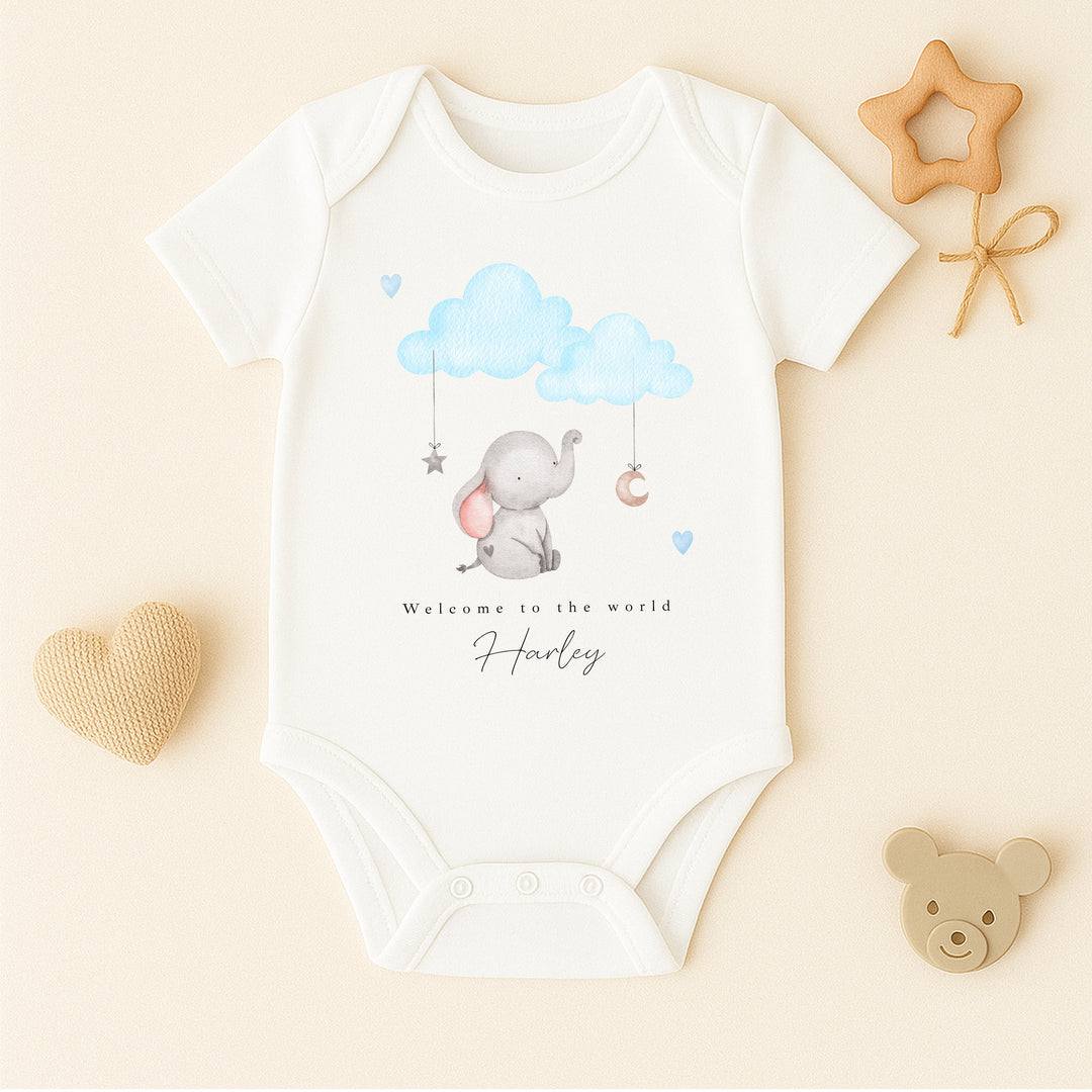 Personalised Blue Elephant Clouds Babygrow/Vest