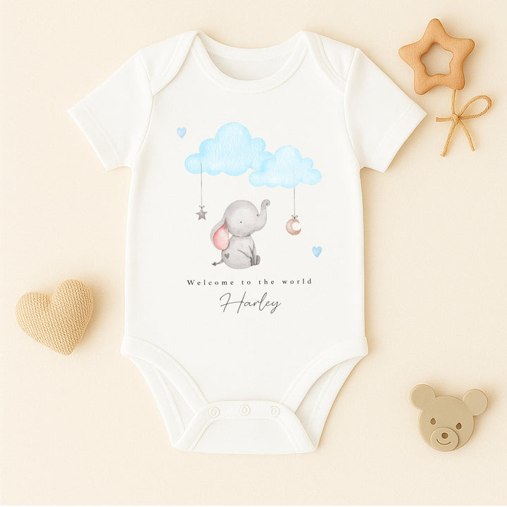 Personalised Blue Elephant Clouds Babygrow/Vest