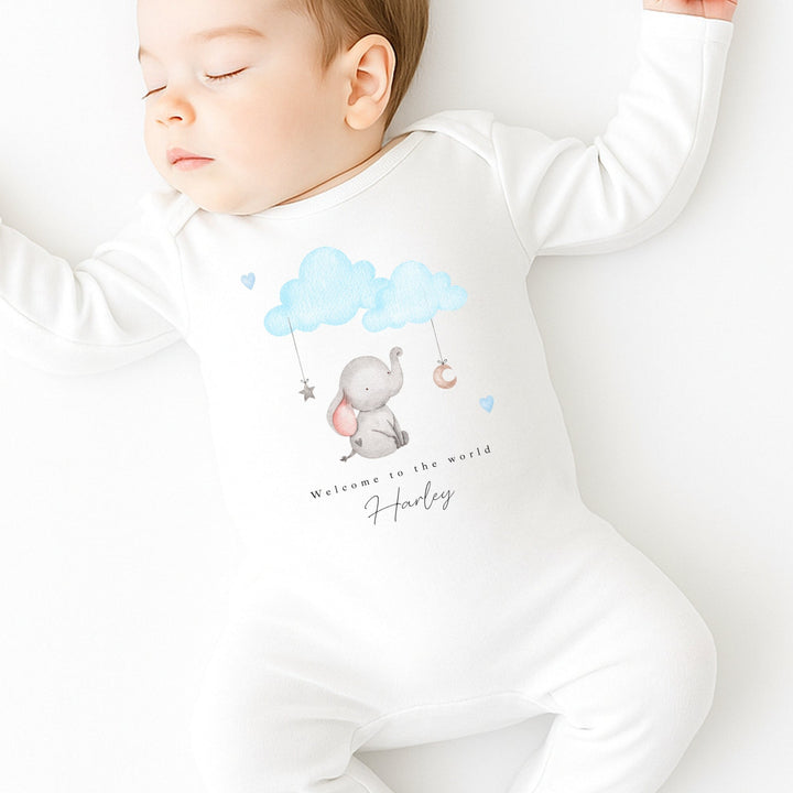 Personalised Blue Elephant Clouds Babygrow/Vest