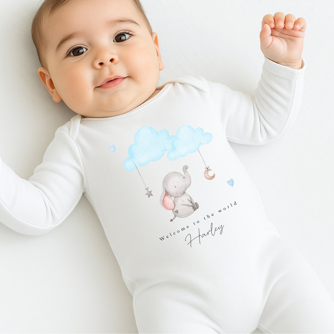 Personalised Blue Elephant Clouds Babygrow/Vest