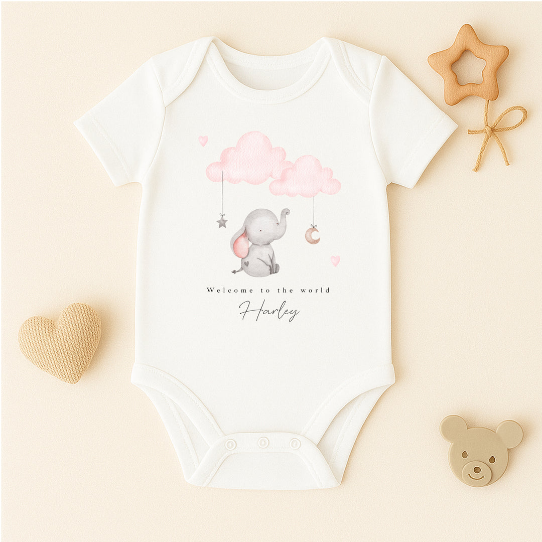 Personalised Pink Elephant Clouds Babygrow/Vest