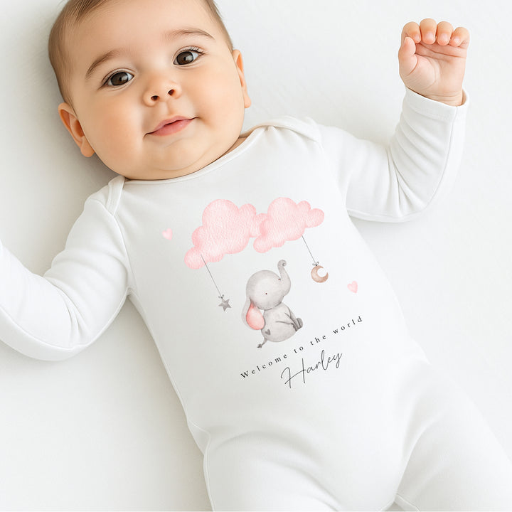 Personalised Pink Elephant Clouds Babygrow/Vest