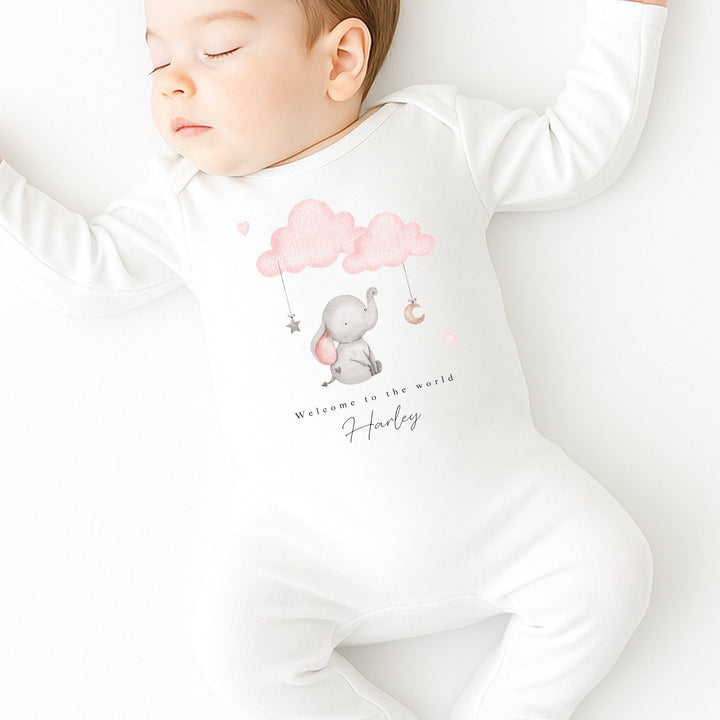 Personalised Pink Elephant Clouds Babygrow/Vest