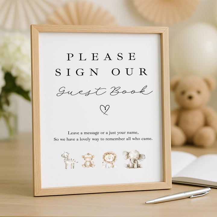 Personalised Watercolour Safari Baby Shower Guest Book | A4 Sign