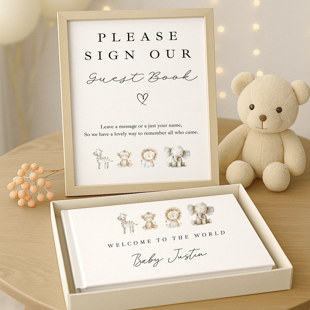 Personalised Watercolour Safari Baby Shower Guest Book | A4 Sign