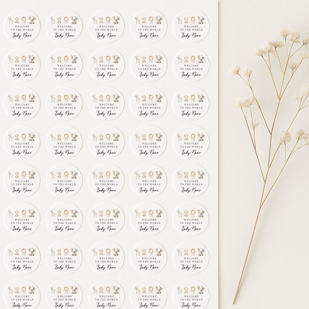 Personalised Water Colour Safari Baby Shower Sticker