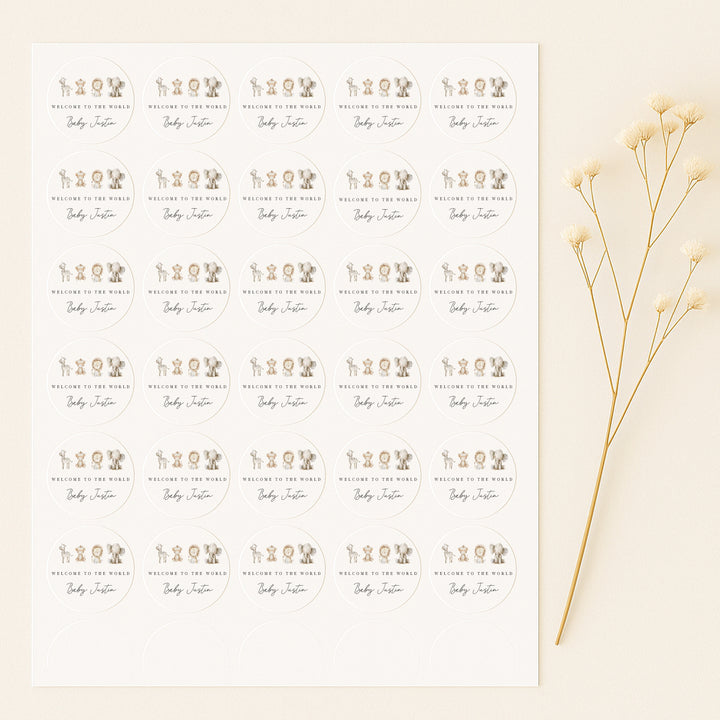 Personalised Water Colour Safari Baby Shower Sticker