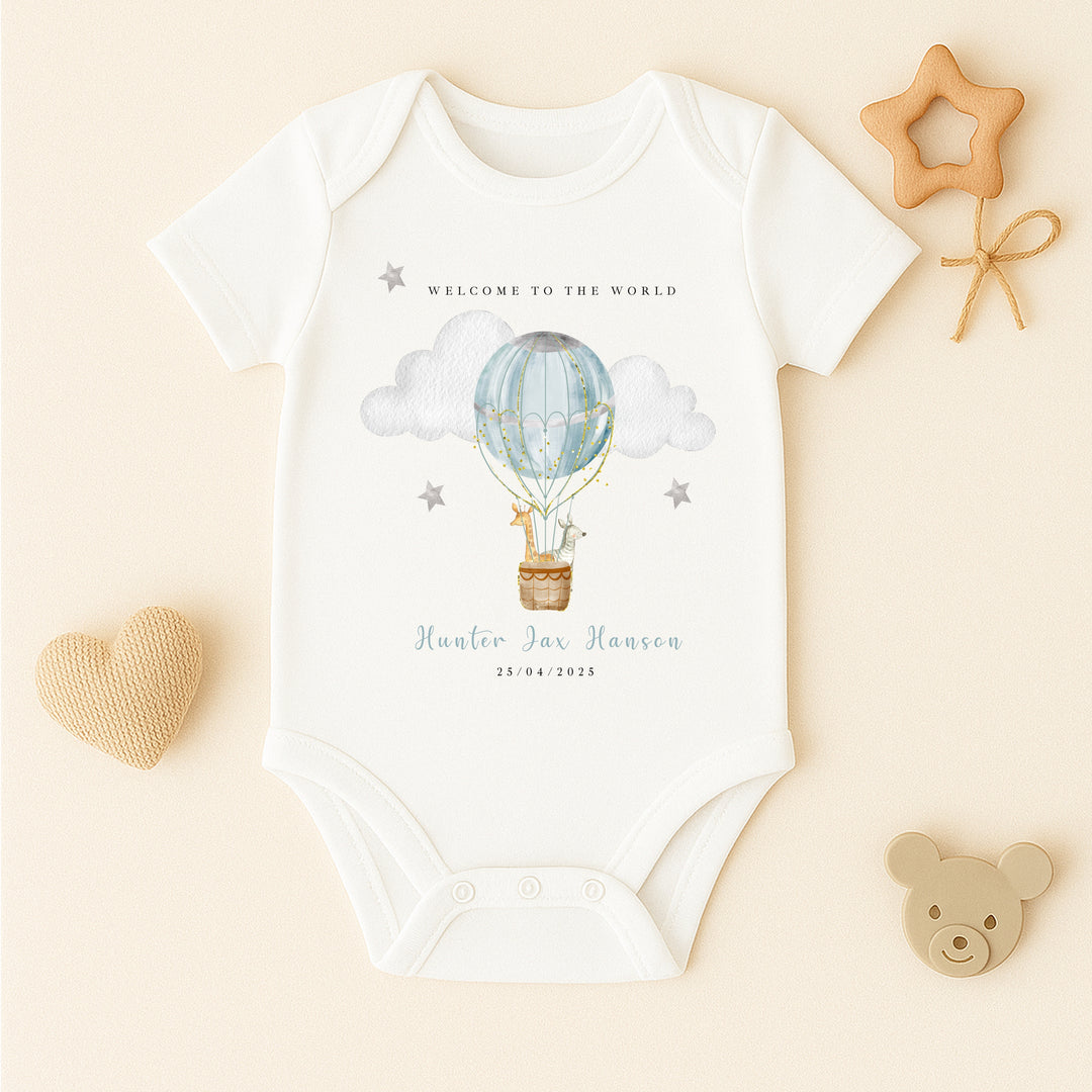 Personalised Blue Hotair Balloon Babygrow/Vest