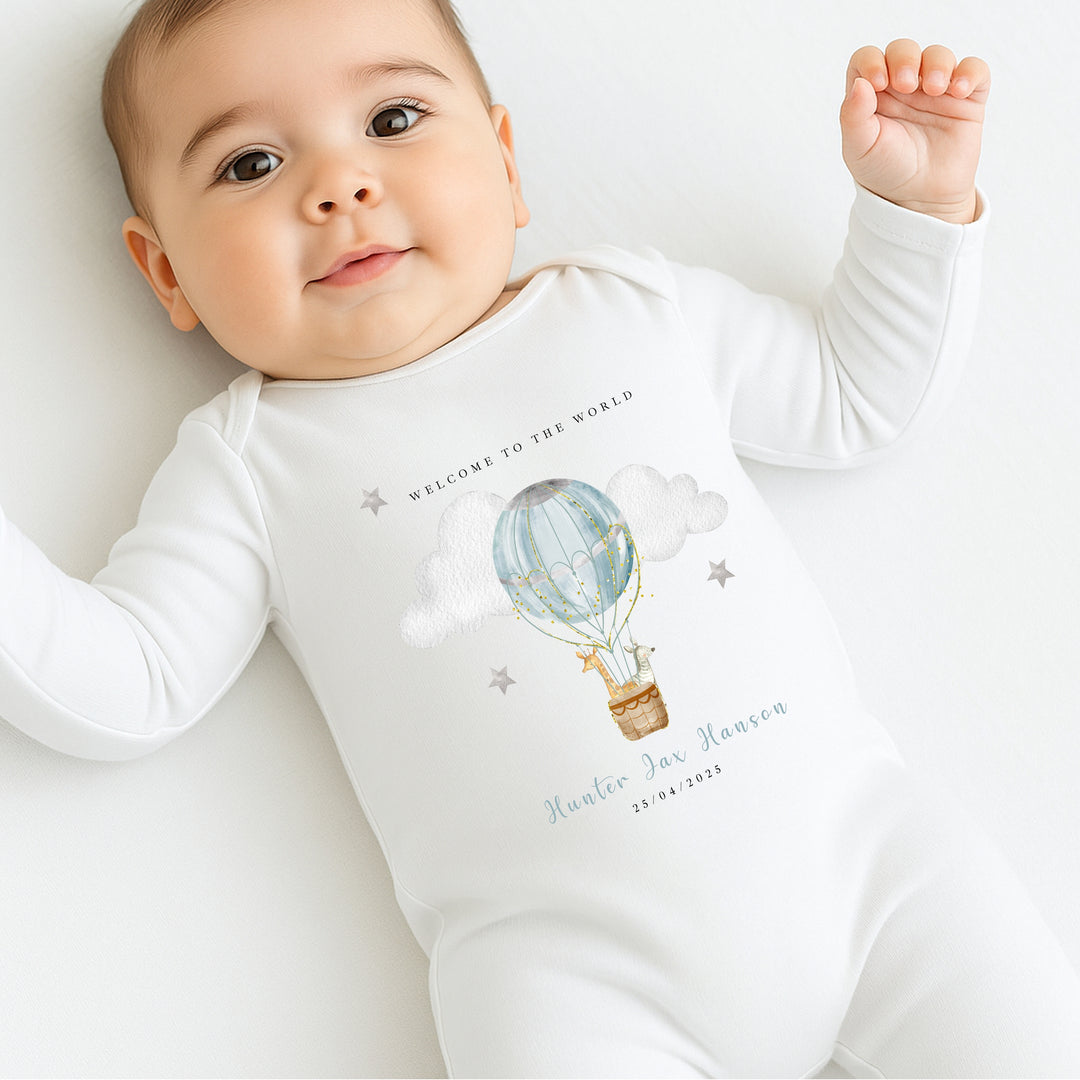 Personalised Blue Hotair Balloon Babygrow/Vest