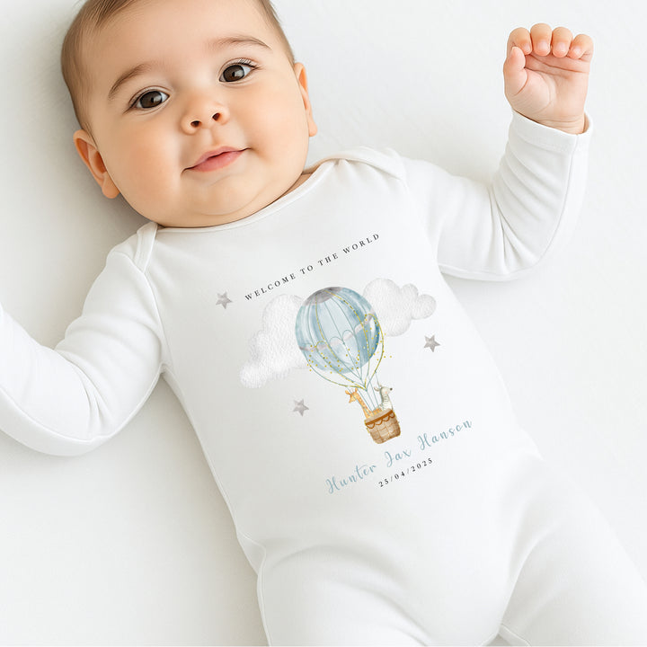 Personalised Blue Hotair Balloon Babygrow/Vest