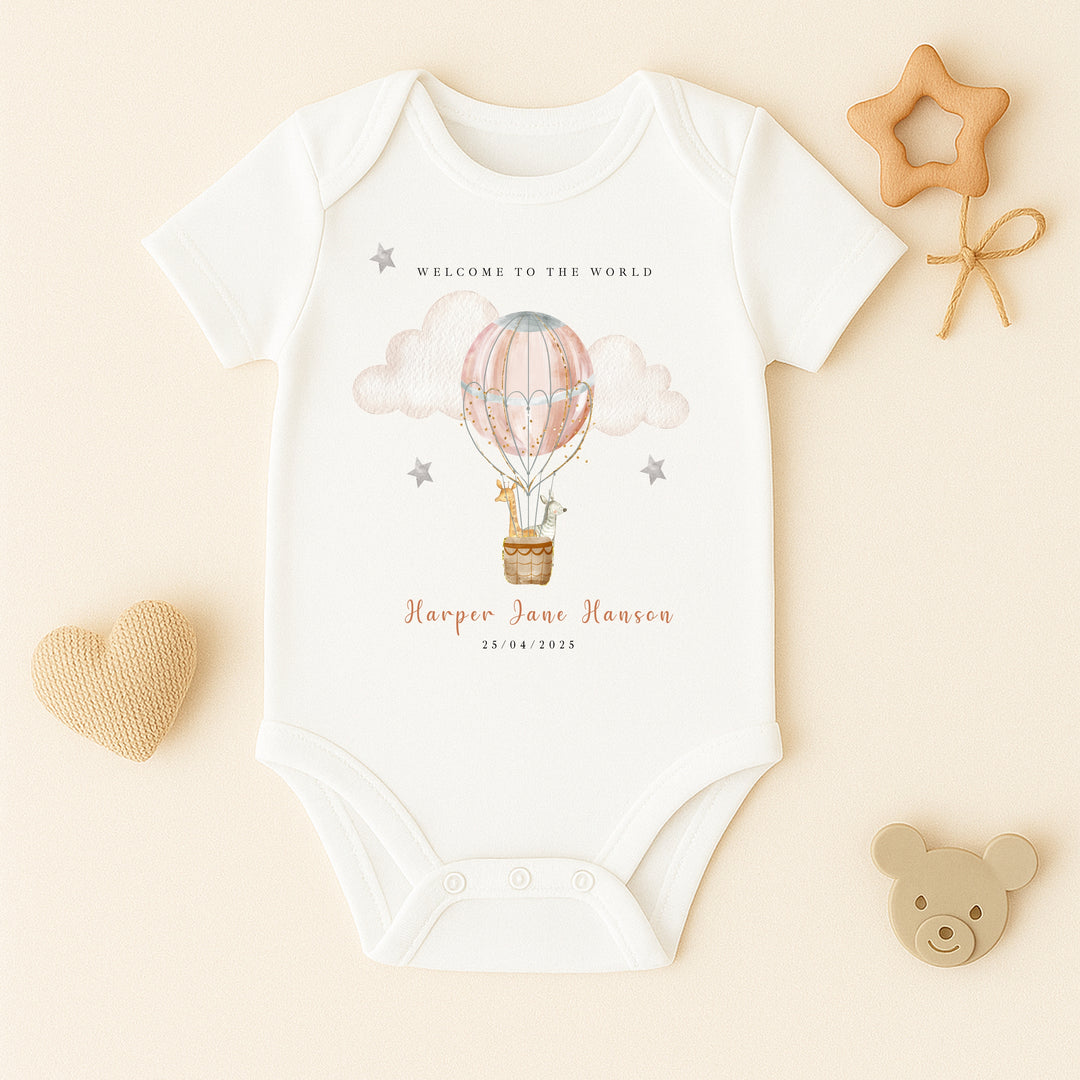 Personalised Pink Hotair Balloon Babygrow/Vest