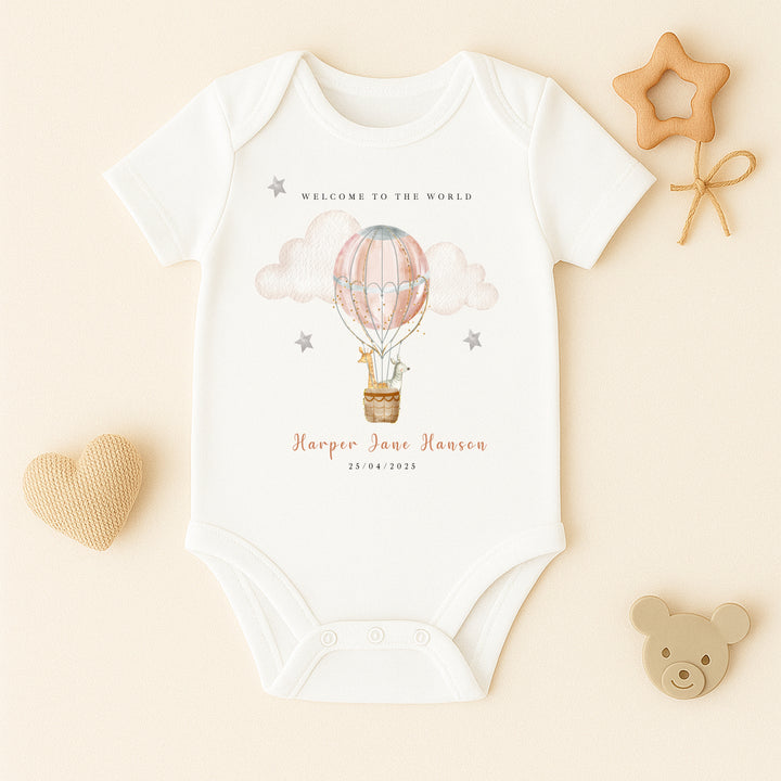 Personalised Pink Hotair Balloon Babygrow/Vest