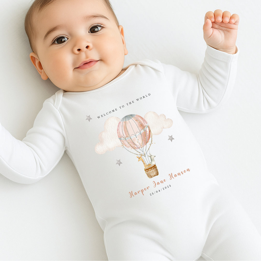 Personalised Pink Hotair Balloon Babygrow/Vest
