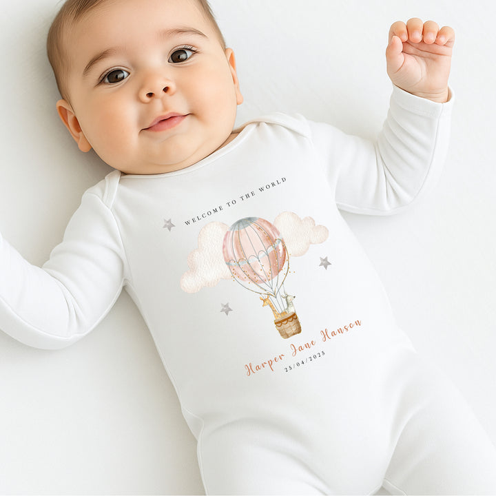 Personalised Pink Hotair Balloon Babygrow/Vest