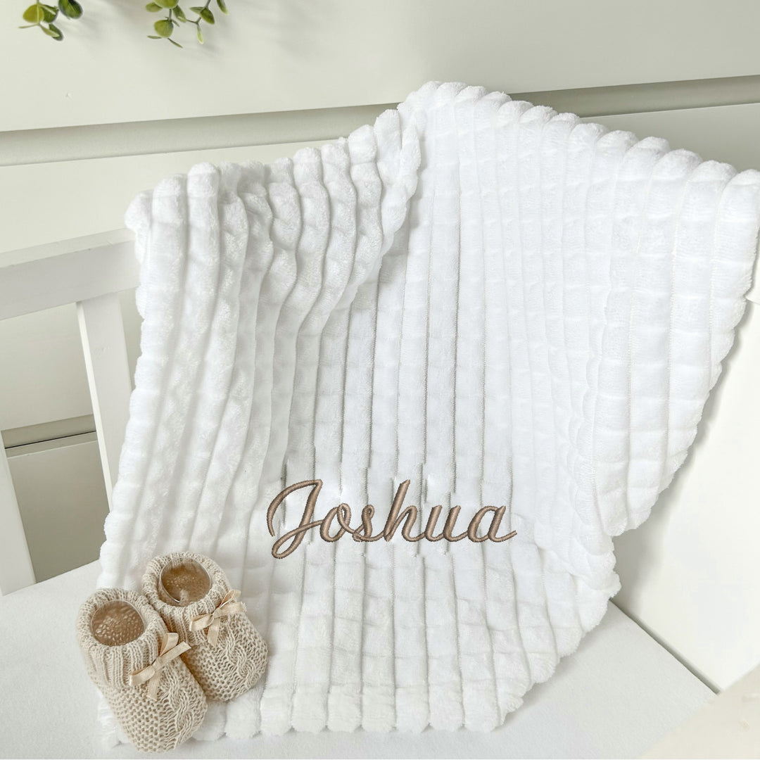 Personalised Unisex Embroidered White Blanket, Comforter or Gift Set