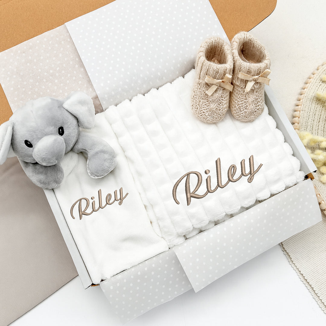 Personalised Unisex Embroidered White Blanket, Comforter or Gift Set