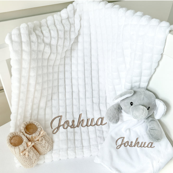 Personalised Unisex Embroidered White Blanket, Comforter or Gift Set