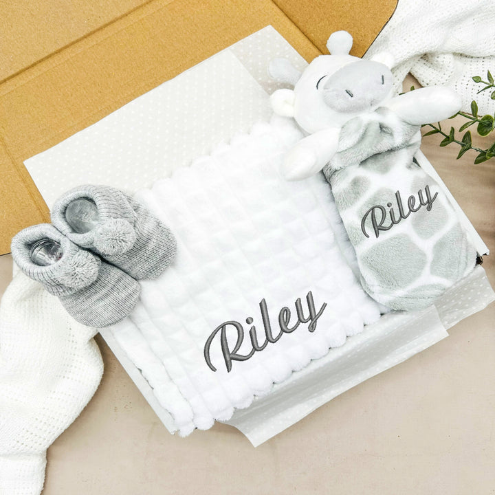 Personalised Unisex Embroidered Blanket, Giraffe Comforter or Gift Set