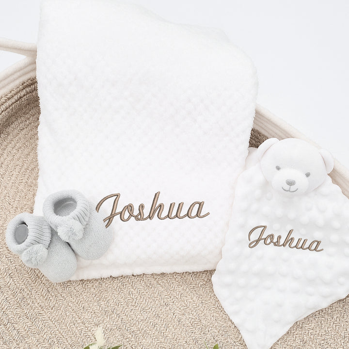 Embroidered White Dimple Blanket and Comforter Gift Set
