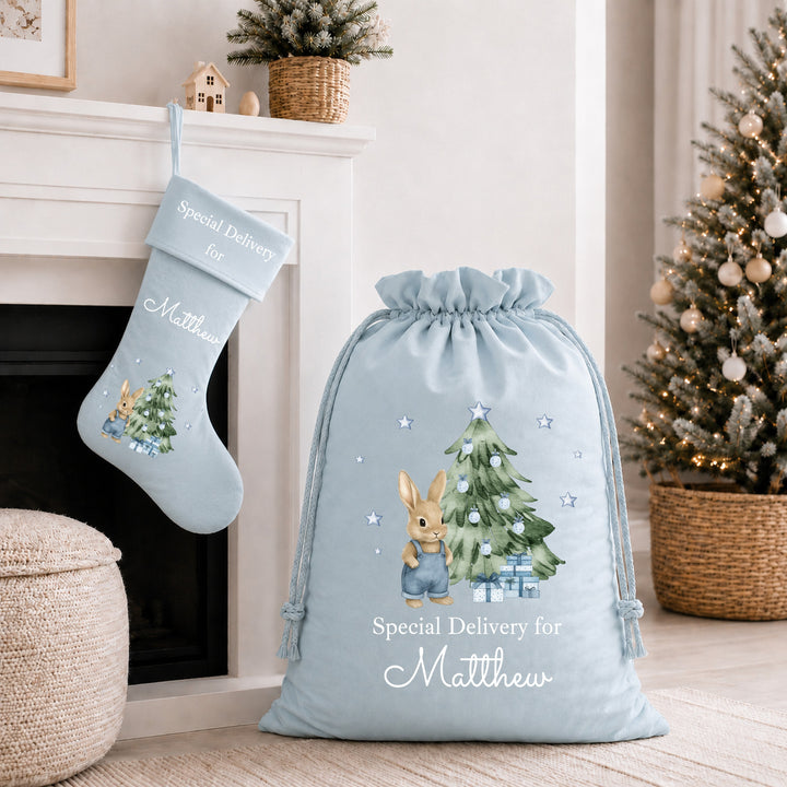Personalised Blue Bunny My First Christmas Santa Sack or Stocking