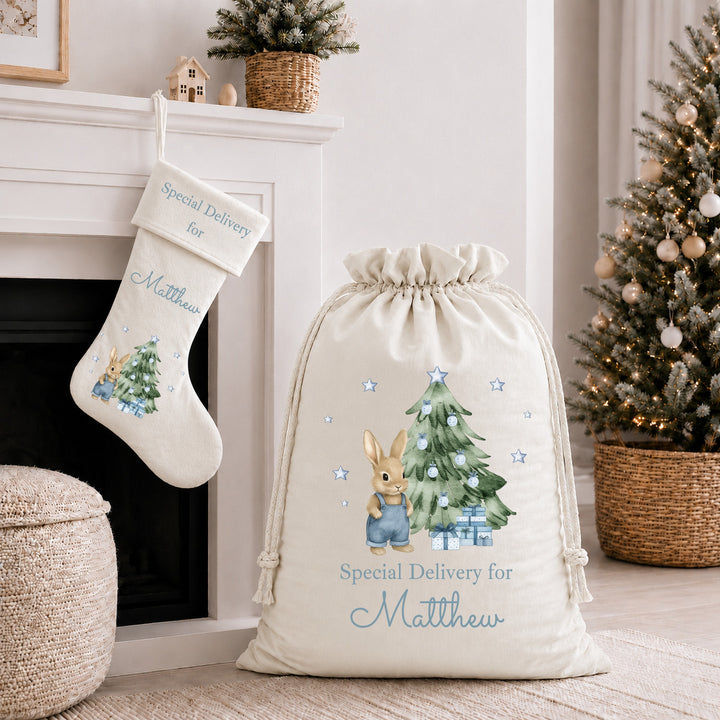 Personalised Blue Bunny My First Christmas Santa Sack or Stocking