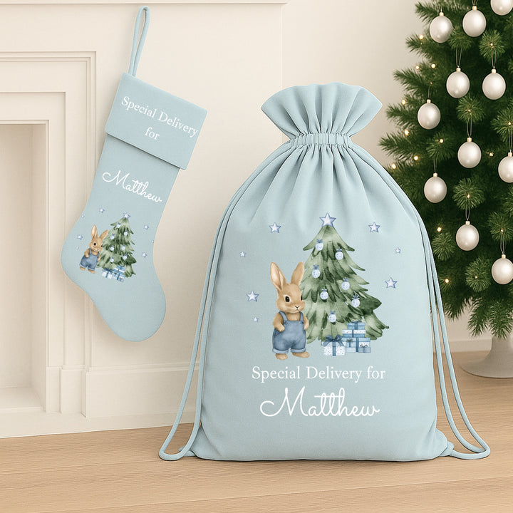 Personalised Blue Bunny Santa Sack or Stocking