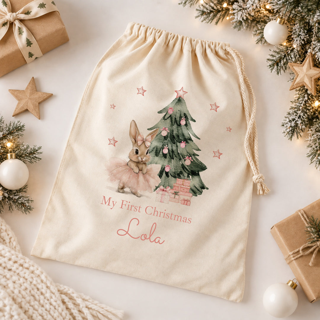 Personalised Pink Ballerina Bunny My First Christmas Canvas Santa Sack