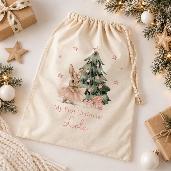 Personalised Pink Ballerina Bunny My First Christmas Canvas Santa Sack