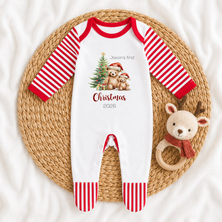Personalised Red Bears Christmas Sibling Matching Pyjamas or Baby Grow