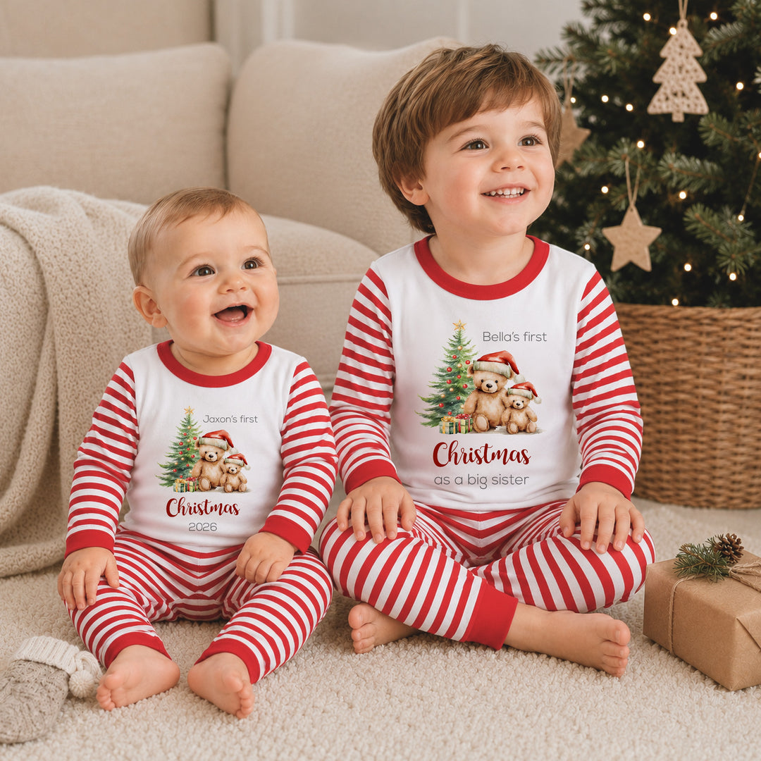 Personalised Red Bears Christmas Sibling Matching Pyjamas or Baby Grow