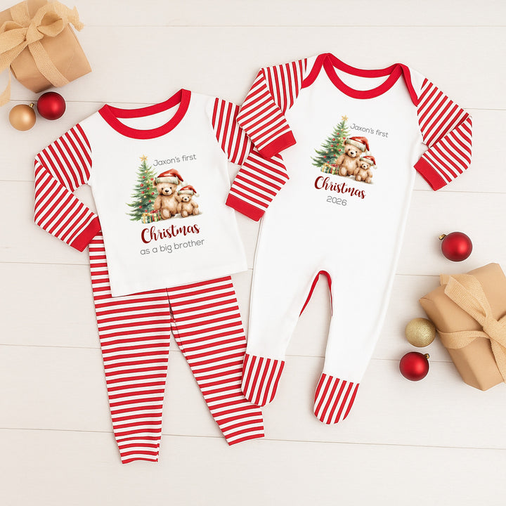 Personalised Red Bears Christmas Sibling Matching Pyjamas or Baby Grow
