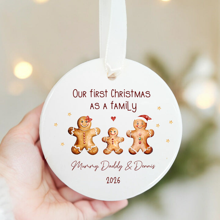 Personalised Ceramic Gingerbread Our First Christmas As A Family Bauble