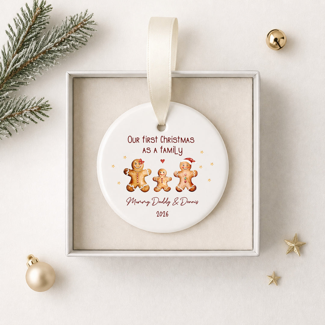 Personalised Ceramic Gingerbread Our First Christmas As A Family Bauble