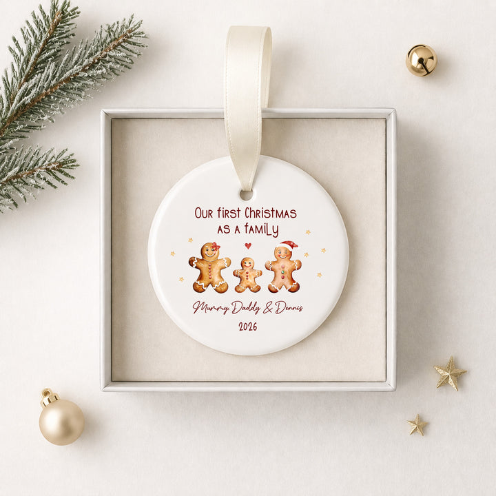 Personalised Ceramic Gingerbread Our First Christmas As A Family Bauble