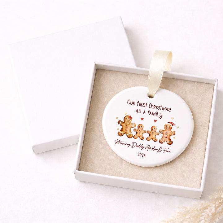 Personalised Ceramic Gingerbread Our First Christmas As A Family Bauble