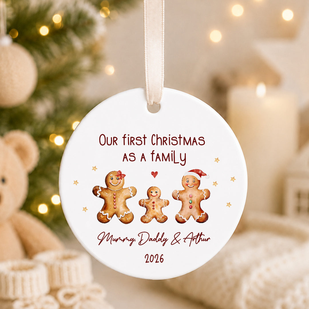 Personalised Ceramic Gingerbread Our First Christmas As A Family Bauble
